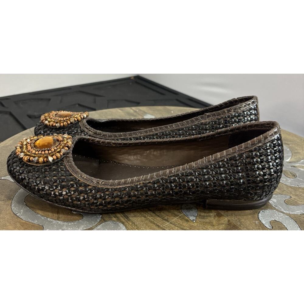 Jack Rogers Woven Leather Ballet Flats Brown Boho Beaded Medallion Gem Slip On 8